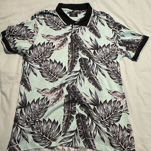 Men's Leaf Print Polo Shirt - Mint and Black
